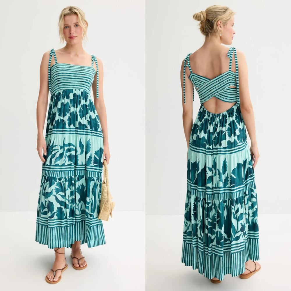 Omika Lana Dress Floral Striped Sleeveless Tie Strap Crossback Maxi Green Large